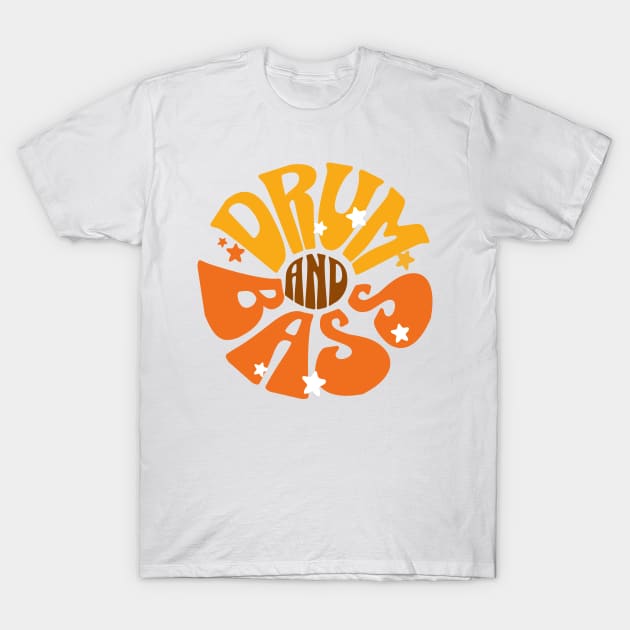 DRUM AND BASS  - Y2K Floral Font (Brown/yellow/orange) T-Shirt by DISCOTHREADZ 